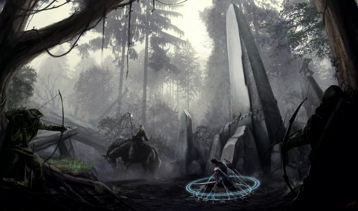 Fantasy forest scene with archers and a rider