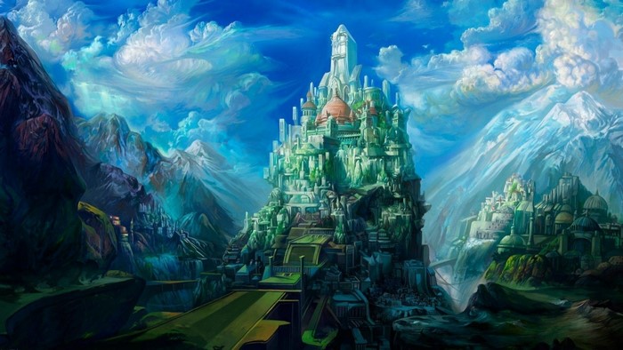 Fantasy castle on a mountain with clouds