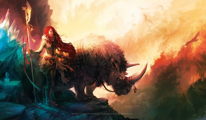Fantasy warrior woman riding a rhinoceros creature