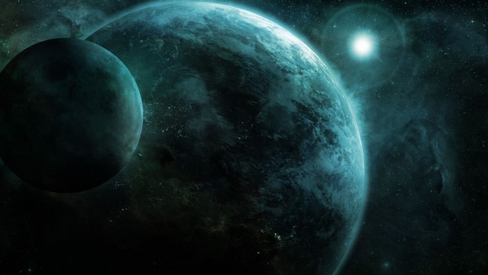 Two planets in outer space with a bright star