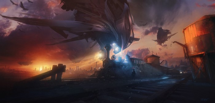 Futuristic airships over a train station at sunset
