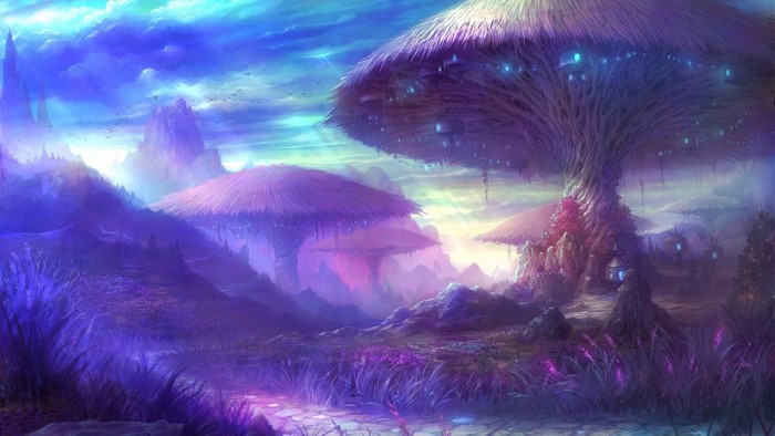 Fantasy landscape with giant mushrooms and glowing lights