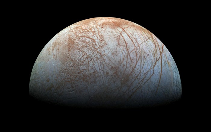 Europa, moon of Jupiter, with surface cracks