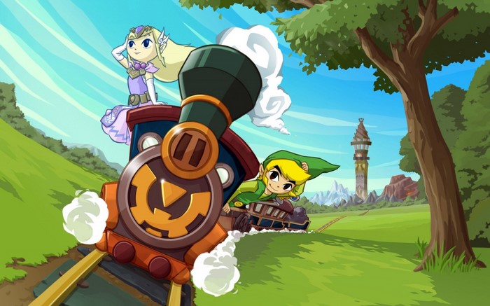 Link and Zelda from The Legend of Zelda: Spirit Tracks on a train