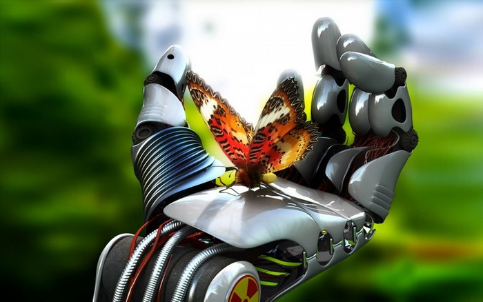 Robot hand holding a butterfly