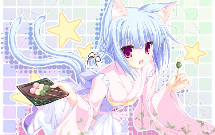 Anime girl with cat ears eating dango