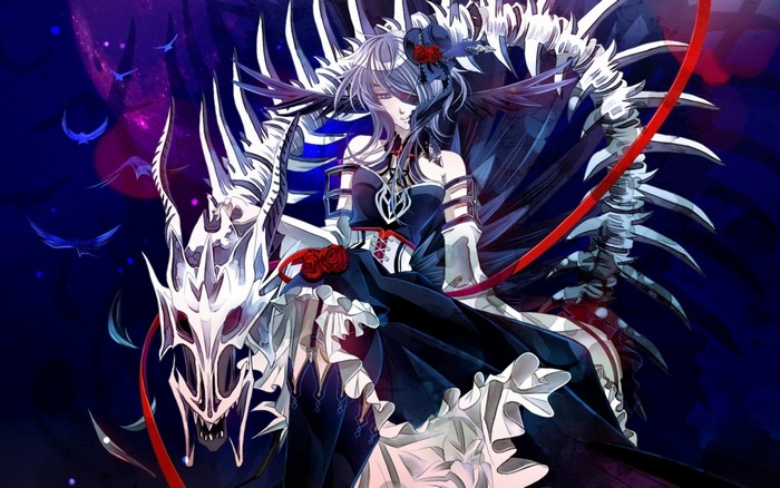 Anime girl with skeletal dragon throne