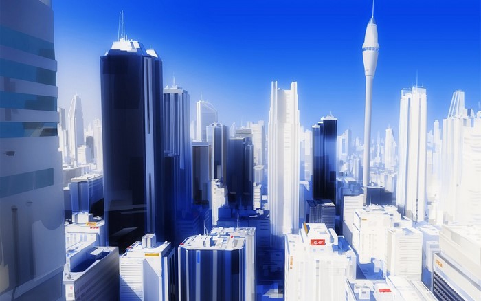 Futuristic cityscape with skyscrapers and a tall tower