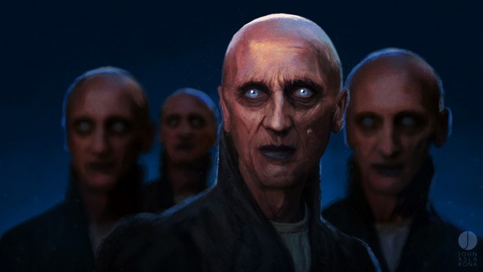 Group of bald figures with glowing eyes