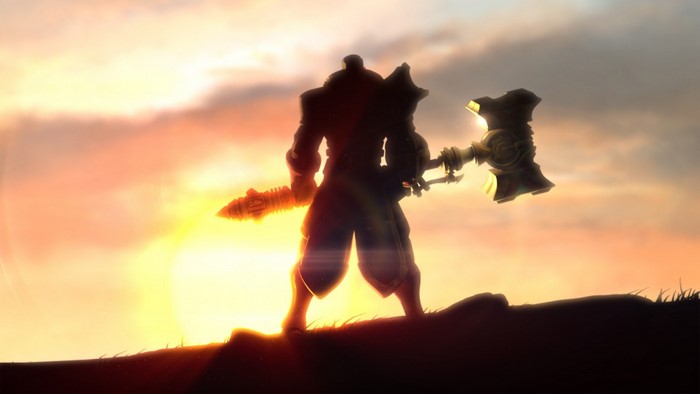 Jayce from League of Legends with hammer and sword at sunset