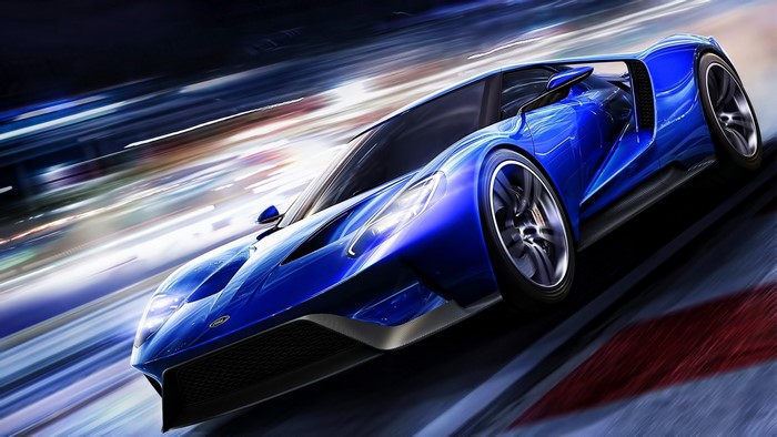 Blue Ford GT sports car on a race track