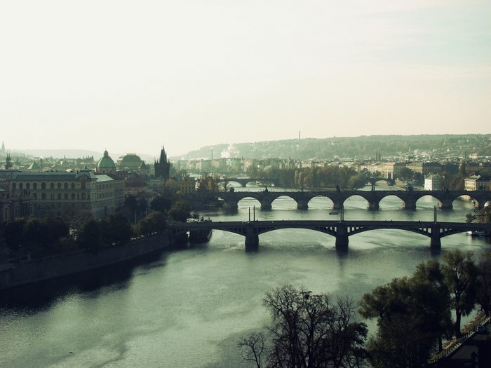 Prague cityscape with bridges over the Vltava River
