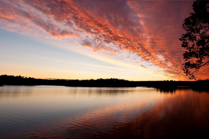 Sunset over a lake with colorful clouds and silhouetted trees