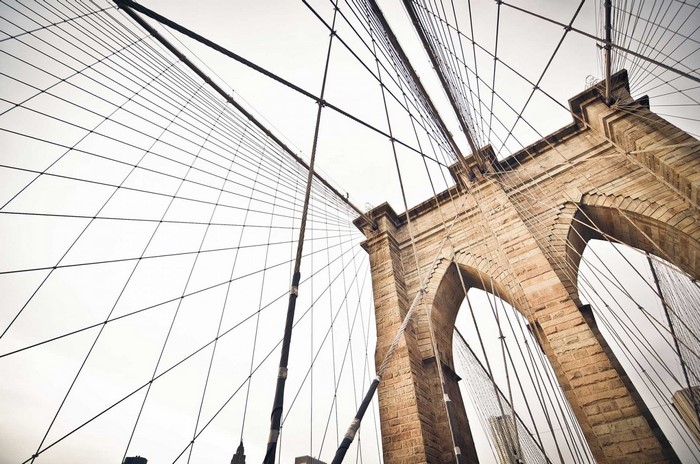 Brooklyn Bridge cables and stone towers, New York City