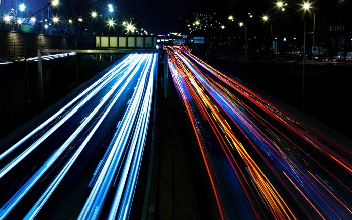 Light trails on a highway at night