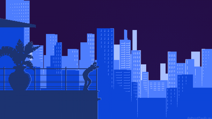 Pixel art cityscape with a person on a balcony