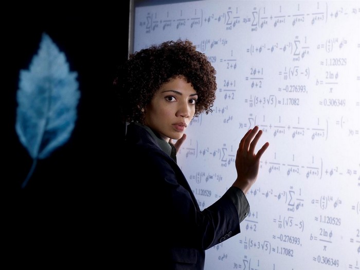 Woman presenting mathematical equations
