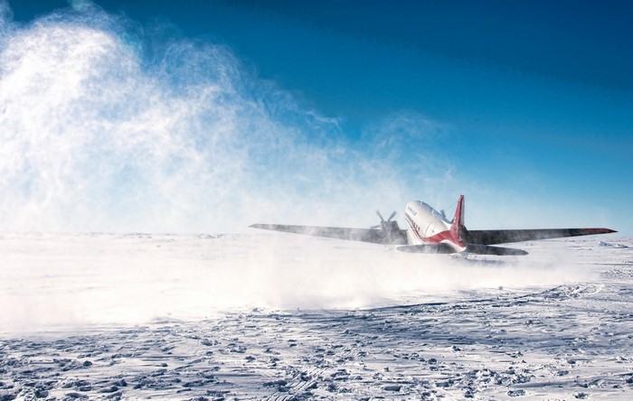 Douglas DC-3 airplane in a snowstorm