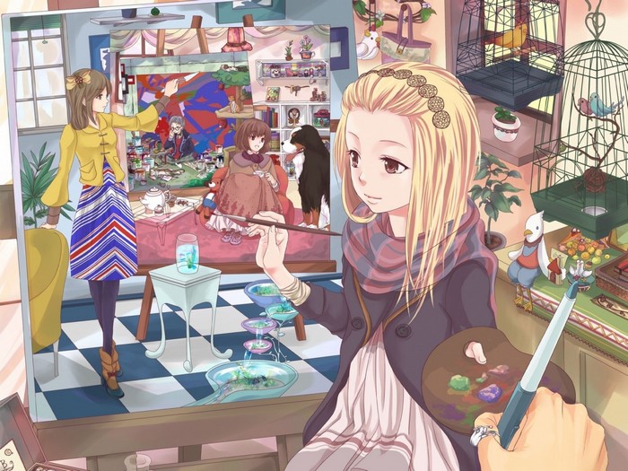 Anime illustration of artists painting in a studio
