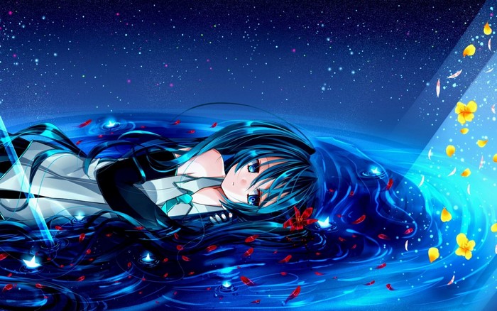 Hatsune Miku floating in a starry blue ocean