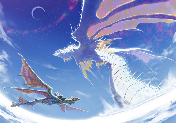 Two dragons flying in a blue sky with clouds