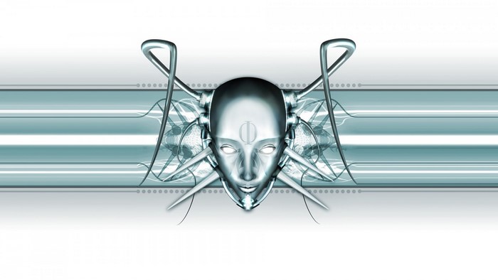 Digital art of a robotic face with wings