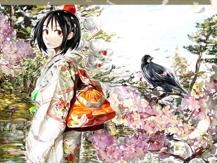 Anime girl in kimono with bird and cherry blossoms