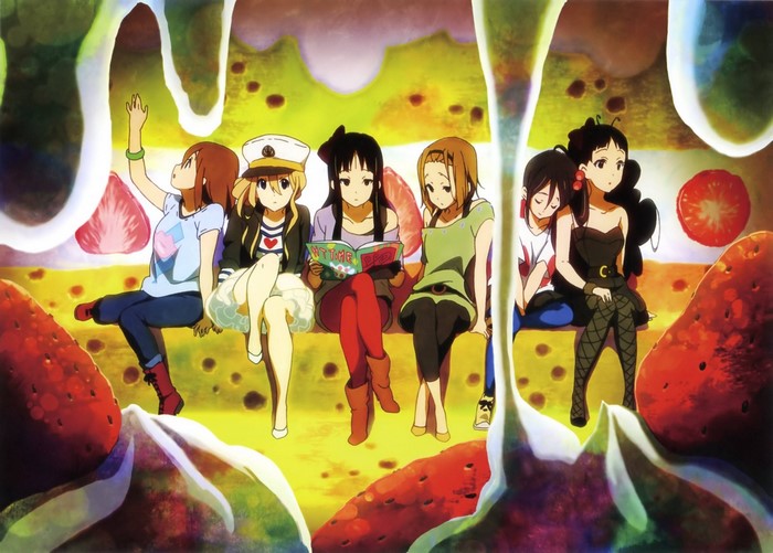 K-On! girls sitting on a cake with strawberries