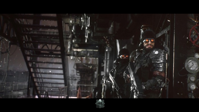 Soldiers with goggles and guns in a dark industrial setting