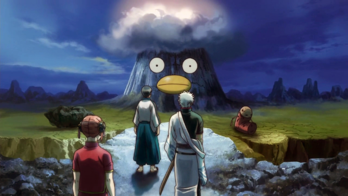 Gintama: Sakata Gintoki, Kagura, and Shimura Shinpachi face a mountain resembling a creature