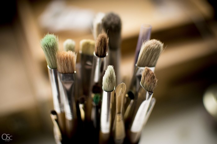 Close up of various art paint brushes