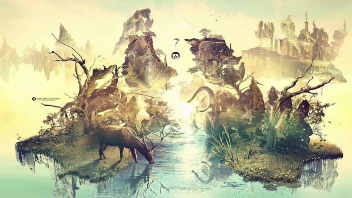 Floating islands with a deer drinking water