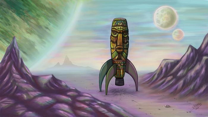 Totem rocket on an alien planet with moons
