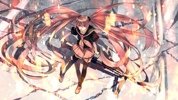 Anime girl with twintails holding a machine gun