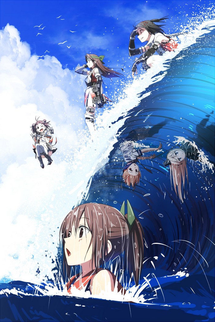 Anime girls surfing on a large wave from Kantai Collection