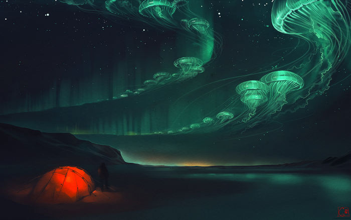 Surreal night sky with glowing jellyfish aurora and a tent