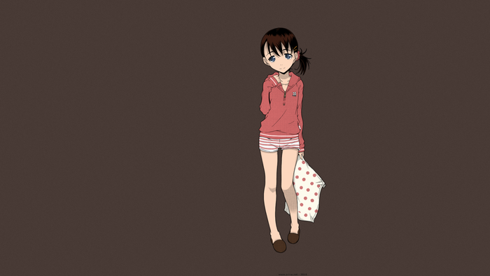 Anime girl with blue eyes and short brown hair holding a pillow