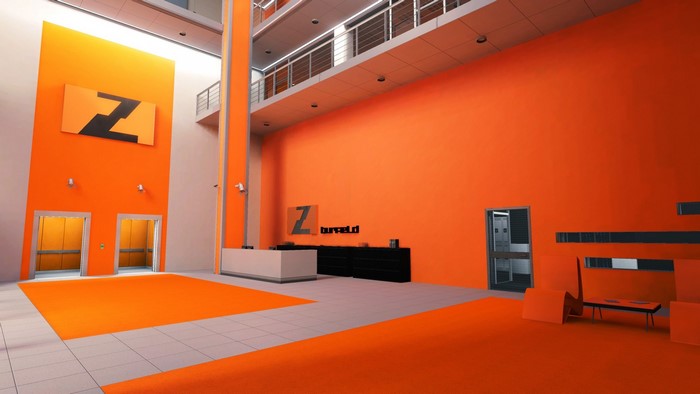 Interior of a modern building with orange accents