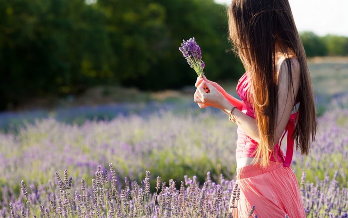 Woman in pink holding lavender in a field