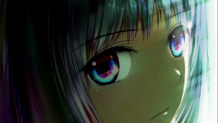 Anime girl with colorful eyes close up