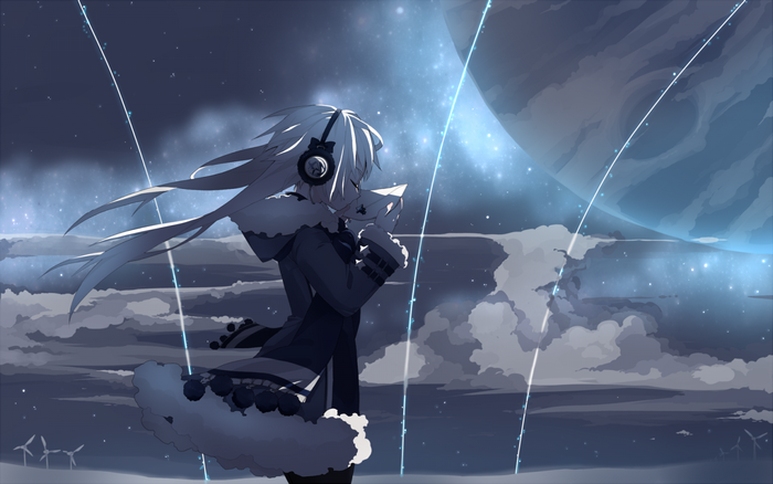 Anime girl with headphones in outer space