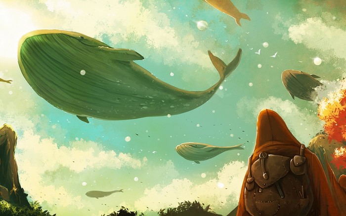 Fantasy art of whales flying in the sky with a person