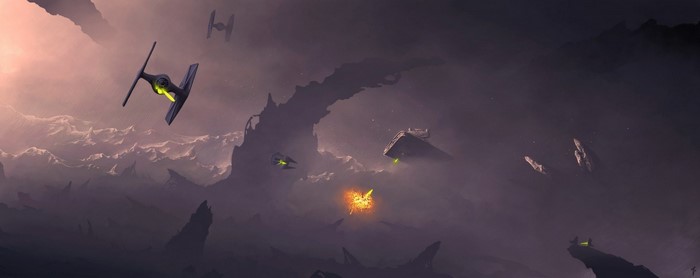 Star Wars artwork featuring TIE Fighters and Star Destroyers in a stormy landscape