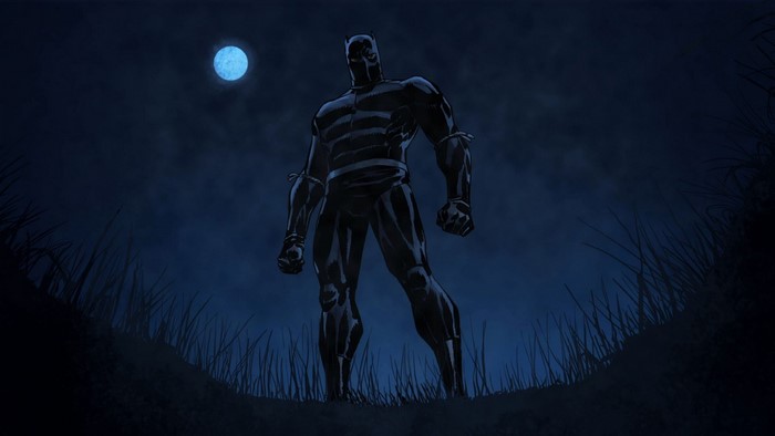 Black Panther standing in a dark field under a blue moon
