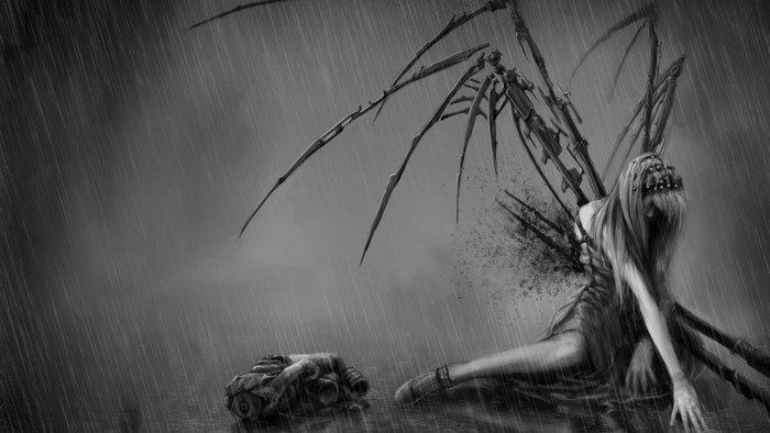 Monochrome drawing of a winged creature in the rain