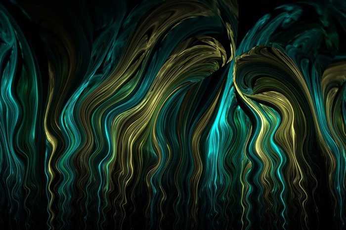 Abstract fractal art with green, blue, and gold waves