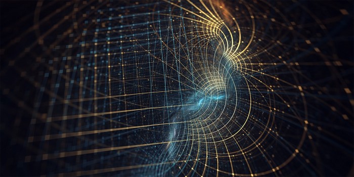 Abstract 3D fractal grid with golden and blue lights