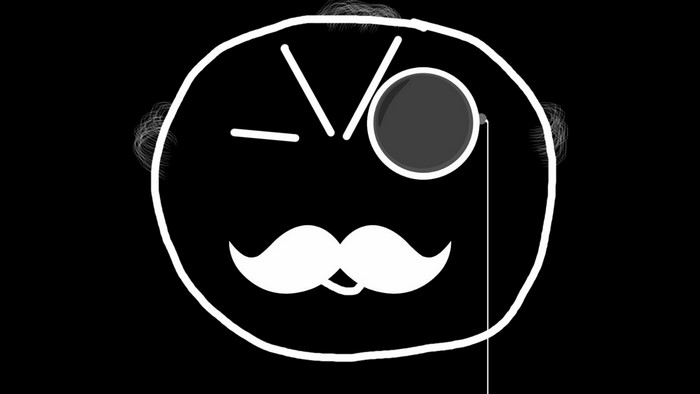 Illustration of a cartoon face with a monocle and mustache