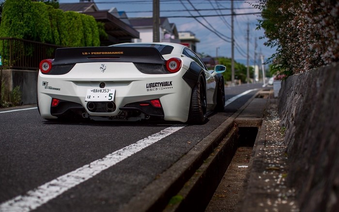 White Ferrari 458 Italia with Liberty Walk widebody kit