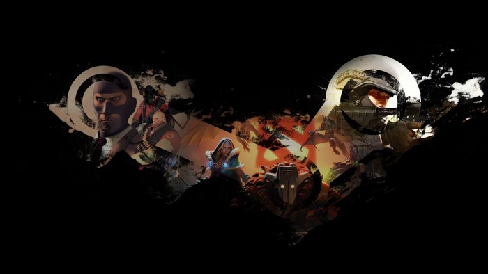 Characters from Team Fortress 2, Dota 2, and Counter-Strike on black background